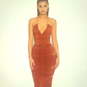 Side Piece Ruched Cut Our Midi Dress in Rust